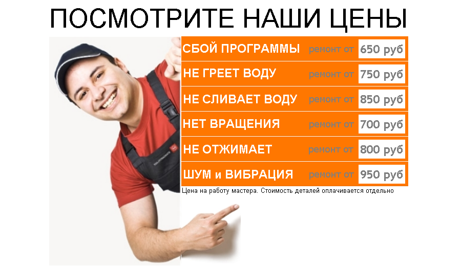 Посмотрите наши цены: замена насоса - 700руб, замена ТЭНа - 800руб, замена подшипников -2000руб, замена ремня, ручки люки, манжет - 1000руб.